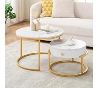 Ginhow Table Ronde avec tiroirs, Table Basse Blanche avec Cadre doré, Tables Gigognes de Salon avec Effet marbre, Table Basse avec Rangement Set de 2