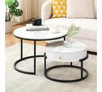 Ginhow Table Salon avec tiroirs, Tables Basses de Salon avec Cadre Noir, Tables Gigognes de Salon avec Effet marbre, Table Basse avec Rangement Set de 2