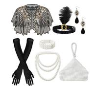 Ginkago Accessoires Charleston des années 20 pour femme - Costume Charleston parfait pour femme - Costume des années 20 - Carnaval - Halloween (noir, 7 pièces)