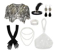 Ginkago Accessoires Charleston des années 20 pour femme - Costume Charleston parfait pour femme - Costume des années 20 - Carnaval - Halloween (noir, 7 pièces)