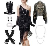 Ginkago Robe Années 20 Femme Gatsby à Franges Charleston avec Accessoires, Paillettes pour 1920s Party Fête Bal Soirée Carnaval Halloween, Noël (Noir, L)