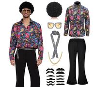 Ginkago Tenue Année 70, 8PCS Déguisement Disco Homme - Chemise et Pantalon avec Perruque Afro, Fausse Moustache pour Carnaval Années 70