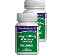 Ginkgo Biloba 3000 mg & Ginseng Coréen 1000 mg - Complément Alimentaire Naturel à Haute Puissance - 360 Comprimés Végétaliens - Approvisionnement pour 4 mois - SimplySupplements