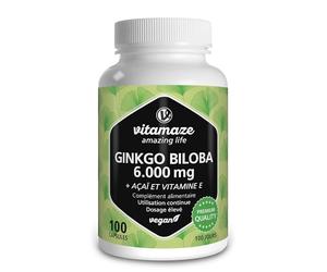 Ginkgo Biloba 6000mg avec Acai 400mg + LCarnitin + Vitamin E - Extrait de Ginkgo Biloba avec Rapport 50:1 - Mémoire et Concentration -100 Jours -Vitamaze