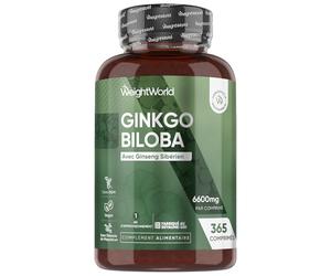 Ginkgo Biloba 6600mg avec Ginseng Sibérien, 365 Micro-Comprimés pour 1 An, Extrait de Ginko Biloba en Comprimés Vegan avec Flavones Glycosides & Terpènes Lactones, Sans Acide Ginkgolique et Sans OGM