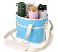 GinnYann 4 Compartment Drink Carrier Bag, Reusable Insulated Drink Holder Bag with Adjustable Shoulder Strap, Anti-Tip Reusable Drink Holder for Travel, Picnic & Outdoor (Blue)