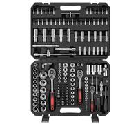 Ginour Coffret de douille et embouts 202 Pièces, Caisse a Outils avec Clés à Cliquet 1/2",1/4",3/8" Chrome Vanadium Douilles, Joint Universel et Adaptateurs et Rallonges Réparation auto, moto, machine