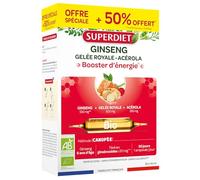 Ginseng Panax, Gelée royale, Acérola bio - énergie - Format promo- Ampoules | Cure de 30 ampoules soit +10 offertes - Défenses immunitaires, fatigue, tonus et vitalité - Fabrication française - Superdiet