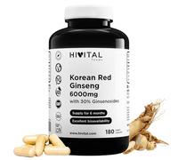Ginseng Rouge Coréen 6000 mg. 180 gélules végétaliennes pour 6 mois de traitement. Extrait naturel de racine 15:1 avec 30% de Ginsénosides par gélule. Fabriqué en Europe par HIVITAL