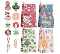 Gintan Weihnachtsgeschenktüten 24 Stück-4 Stile 6 Stück, kommt mit 24 kleinen Weihnachtskarten und 24 kleinen Clips Weihnachtsgeschenktüte für Weihnachten Adventskalender Geburtstag Hochzeit