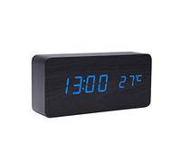 GINZER Réveil numérique à LED, horloge de chevet silencieuse en bois avec alarme multiple et 5 niveaux de luminosité, alimentation principale ou à piles, noir (lumière bleue)
