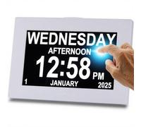 GINZER Réveil numérique avec écran tactile et calendrier parlant, avec date et jour pour personnes âgées souffrant d'Alzheimer avec cadre photo numérique HD 20,3 cm