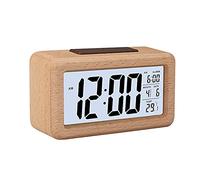 GINZER Réveil numérique en bois, grand écran LED, réveil en grain de bois, capteur intelligent, fonction snooze et température, fonctionne à piles, bureau, chevet