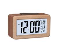 GINZER Réveil numérique en bois, grand écran LED, réveil en grain de bois, capteur intelligent, veilleuse, répétition et température, fonctionne avec piles, réveil cubique pour chambre à coucher,
