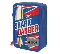Giochi Preziosi GOPOP GG9L2600 Trousse triple Shark Attack pour ceux qui se sentent adrénaline, un concentré d'énergie avec crayons de couleur, marqueurs, stylos, gomme, taille-crayons, règle, ciseaux