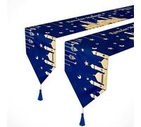 GIONAR 2PCS Chemin de Table Ramadan Mubarak - 180x30cm - Décoration Islamique - Bleu, Étoile et Lanterne - Polyester - Classique
