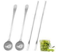GIONAR Lot de 4 cuillères à olives et fourchettes à cornichons de 18 cm en acier inoxydable avec long manche, pince à oignons marinés pour pots d'olive, concombre, oignon et roquette