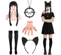 GIONAR Perruque noire double tresse pour Halloween - Perruque de costume de mercredi - Tenue de cosplay gothique pour femme avec perruque, fausse main, chaussettes, collier, serre-tête pour Halloween