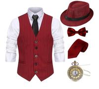 Gionforsy Costume des années 1920 pour homme - Ensemble d'accessoires de costume de gangster Gatsby - Chapeau, bretelles, nœud papillon (chapeau Panama à rayures rouge vin, XX-Large)