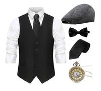 Gionforsy Ensemble de Costume Gangster Gatsby des Années 1920 pour Hommes Gilet Accessoires Set 20s Chapeau Bretelles Nœud Cravate Montre de Poche Vintage, noir, XL