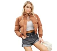 GIOPSQ Doudoune courte femme pour automne hiver, col montant, manches longues, manteau chaud ample décontracté trench en cuir/A/XXL