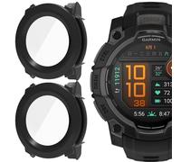 GIOPUEY Coque Compatible avec Garmin Instinct 3 45mm, [2 Pièces] Film de Protection en Verre + Cadre en Plastique Dur Etui - Black+Black