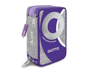 Giotto Sneakerlovers Trousse d'école à 3 fermetures éclair, violet et argent, avec crayons de couleur et accessoires