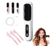 Giovencia Brosse Lissante Portable,Fer à lisser sans fil anti - brûlure - Tous cheveux - USB rechargeable - 160-200℃ - 3 températures - Mini - 2 en 1 avec écran LED (Blanc)