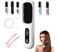 Giovencia Brosse Lissante Portable,GoBrush PRO Fer à lisser sans fil anti brûlure,Brosse Chauffante 2en1,Mini USB Rechargeable, Écran LED,3 Températures 160-200℃,Tous Cheveux (Blanc)