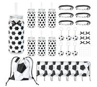 GioXtra Lot de 6 gobelets en plastique réutilisables avec couvercle et paille, porte-clés, sac à cordon de serrage, bracelet pour garçon, cadeau d'anniversaire, entraîneur, étudiant, récompense, jeu