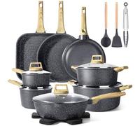 GiPP 21 Pièces Batterie Cuisine Antiadhésive Tous Feux y Compris Induction | Poêle, Casserole, Wok, Poele a Griller et Cocotte | Revêtement en Granit, Non Toxique, Compatible Lave-Vaisselle, Noir
