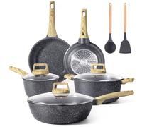 GiPP Lot de 10 casseroles et poêles antiadhésives en granit blanc pour induction avec poêles, casseroles et ustensiles en silicone, sans PFOS et PFOA, gris