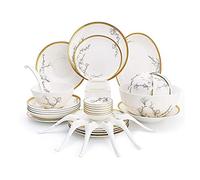 GIQKDZNUO Service de Table en céramique 36 pièces, Bol, Plat, cuillère, Service de Table, Motif Fleur de Magnolia