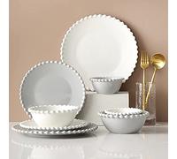 GIQKDZNUO Service de Table en céramique pour 14 Personnes, Assiettes et Plats, Porcelaine Blanche Nordic Pearl Edge, Assiette à Steak et Bol à céréales, Service de Vaisselle pour 4 Personnes, Blanc