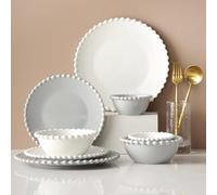 GIQKDZNUO Service de Table en céramique pour 14 Personnes, Assiettes, Plats, Porcelaine Blanche Nordic Pearl Edge, Assiette à Steak et Bol à céréales, Service de Vaisselle pour 4 Personnes, Blanc