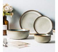 GIQKDZNUO Service de Table en Porcelaine, Bols à céréales et Assiettes à Steak rétro à glaçure Changeante | Service de Table 20 pièces en céramique à Rayures Verticales en Relief