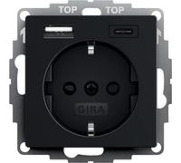 Gira 2459005 Prise Schuko USB Shutter Protection tactile 2 prises type A (max.2,4 A) Type C (max.3A) Système 55 Noir mat UP Prise murale encastrée pour smartphone tablette 32 mm