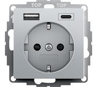 Gira 245926 Prise Schuko USB Shutter Protection Contact 2 prises type A (max.2,4 A) Type C (max.3A) Système 55 Alu UP Prise murale encastrée pour smartphone tablette 32 mm