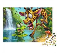 Girafe Chantante Dessin Animé Robust Puzzle 1000 pièces pour Adultes Girafe Grenouille Cascade Chant Jungle Premium Épais Haute Qualité Vibrant Défiant Relaxation Antistress Jeu 38x26cm/1000pcs