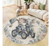 Girafe Éléphant Faisant Du Vélo Tapis Rond Salon 100cm, Animaux Mignons Et Rêveurs Antidérapant Poils Courts Tapis De Sol Ronds Décoration, Pour Salon Chambre Cuisine Balcon Terrasse, Multicolore