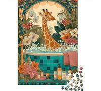 Giraffe Bath Time Oasis Puzzle Adulte 1000 Pièces, 38x26cm/1000pcs; À Compléter en Plusieurs Sessions; Pièces en Carton Blanc Peu Poussiéreuses