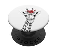 Giraffe with Red Roses for Zoo Animal Lovers PopSockets PopGrip Adhésif