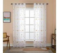 GIRASOLE HOME® Lot de deux rideaux en voile à motifs étoiles dorées, blanc pour intérieur avec œillets, 2 panneaux (Étoiles or, 140 x 235 cm)