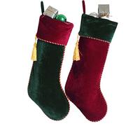 Gireshome Lot de 2 chaussettes de Noël vintage en velours bordeaux et vert avec pompons pour sapin de Noël, décoration de fête, 25,4 x 45,7 cm