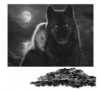 Girl and Wolf Black and White Puzzle en Bois | À offrir : Cadeau puzzle : cadeau pour passionné de puzzle, loisir pour amateur de puzzle.