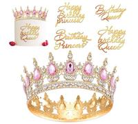 Girl Couronne Princesse, Shiny Diademe Femme, Couronne Anniversaire Doré, Diademe Femme Incrusté De Strass Blancs avec 4 Décorations de Gâteaux Happy Birthday Diadème d'Anniversaire