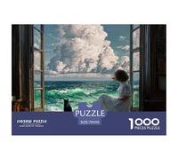 Girl Sitting on The Window 1000 Pièces Carton Premium Lot de Puzzles Ocean View Scene Anti-Stress Défi Unique Puzzles pour Adultes Et Enfants 70x50cm/1000pcs