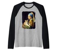 Girl With a Pearl Earring and a Cat Parodie Art Classique Manche Raglan