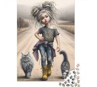 Girl with Cats Walk Adult Puzzle for Home Red Kimono Geisha Educational Game Decompression & Wall Decor 52x38cm 1000pcs