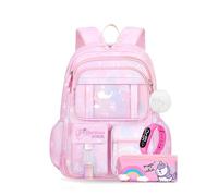 Girl's Backpack, Breathable Primary School Bag for Girls from 7 to 10 Years, Waterproof Nylon School Bags for Children with Pendant, Giving away electronic watches and pencil cases